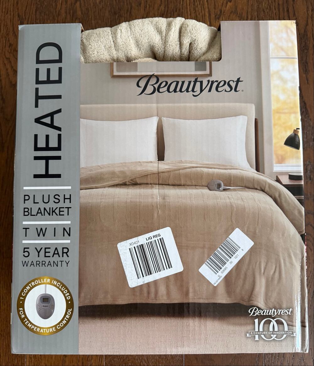 NEW! Beautyrest Heated Plush Blanket Twin Feather Taupe